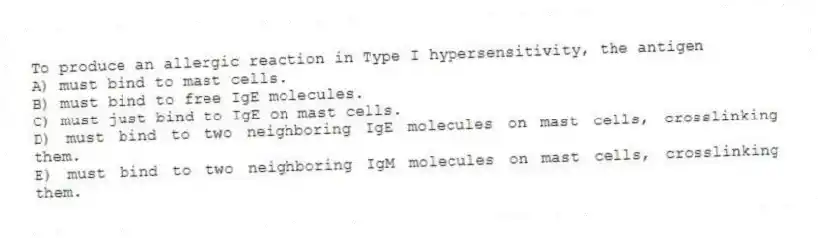 To produce an allergic reaction in Type I hypersensitivity, the antigen
A) must bind to mast cells.
B) must bind to free IgE molecules.
C) must just bind to IgE on mast cells.
D) must bind to two neighboring IgE molecules on mast cells, crosslinking them.
E) must bind to two neighboring IgM molecules on mast cells, crosslinking them.