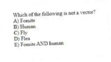 Which of the following is not a vector?
A) Fomite
B) Human
C) Fly
D) Flea
E) Fomite AND human