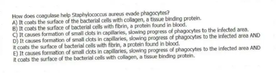 How does coagulase help Staphylococcus aureus evade phagocytes?
A) It coats the surface of the bacterial cells with collagen, a tissue binding protein.
B) It coats the surface of bacterial cells with fibrin, a protein found in blood.
C) It causes formation of small clots in capillaries, slowing progress of phagocytes to the infected area.
D) It causes formation of small clots in capillaries, slowing progress of phagocytes to the infected area AND it coats the surface of bacterial cells with fibrin, a protein found in blood.
E) It causes formation of small clots in capillaries, slowing progress of phagocytes to the infected area AND it coats the surface of the bacterial cells with collagen, a tissue binding protein.