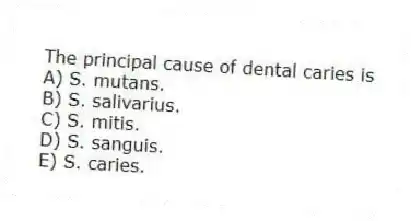 The principal cause of dental caries is
A) S. mutans.
B) S. salivarius.
C) S. mitis.
D) S. sanguis.
E) S. caries.