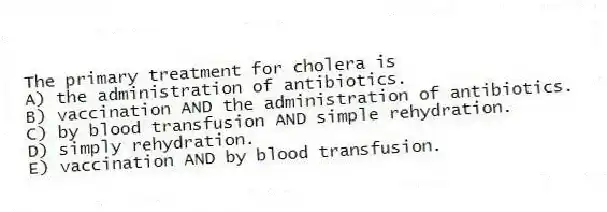 The primary treatment for cholera is
A) the administration of antibiotics.
B) vaccination AND the administration of antibiotics.
C) by blood transfusion AND simple rehydration.
D) simply rehydration.
E) vaccination AND by blood transfusion.