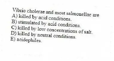 Vibrio cholerae and most salmonellae are
A) killed by acid conditions.
B) stimulated by acid conditions.
C) killed by low concentrations of salt.
D) killed by neutral conditions.
E) acidophiles.