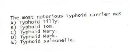 The most notorious typhoid carrier was
A) Typhoid Tilly.
B) Typhoid Tom.
C) Typhoid Mary.
D) Typhoid Mark.
E) Typhoid salmonella.