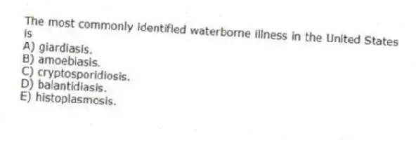 The most commonly identified waterborne illness in the United States is
A) giardiasis.
B) amoebiasis.
C) cryptosporidiosis.
D) balantidiasis.
E) histoplasmosis.