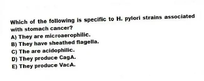 Which of the following is specific to H. pylori strains associated with stomach cancer?
A) They are microaerophilic.
B) They have sheathed flagella.
C) The are acidophilic.
D) They produce CagA.
E) They produce VacA.