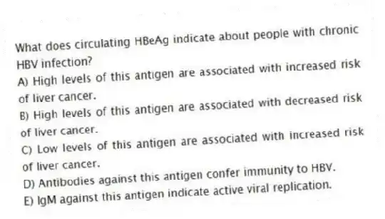 What does circulating HBeAg indicate about people with chronic HBV infection?
A) High levels of this antigen are associated with increased risk of liver cancer.
B) High levels of this antigen are associated with decreased risk of liver cancer.
C) Low levels of this antigen are associated with increased risk of liver cancer.
D) Antibodies against this antigen confer immunity to HBV.
E) IgM against this antigen indicate active viral replication.