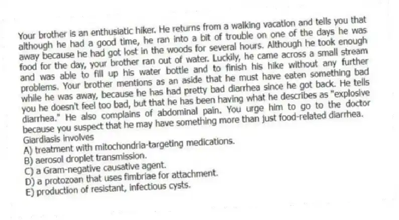 Your brother is an enthusiatic hiker. He returns from a walking vacation and tells you that although he had a good time, he ran into a bit of trouble on one of the days he was away because he had got lost in the woods for several hours. Although he took enough food for the day, your brother ran out of water. Luckily, he came across a small stream and was able to fill up his water bottle and to finish his hike without any further problems. Your brother mentions as an aside that he must have eaten something bad while he was away, because he has had pretty bad diarrhea since he got back. He tells you he doesn't feel too bad, but that he has been having what he describes as "explosive diarrhea." He also complains of abdominal pain. You urge him to go to the doctor because you suspect that he may have something more than just food-related diarrhea.
-Giardiasis involves
A) treatment with mitochondria-targeting medications.
B) aerosol droplet transmission.
C) a Gram-negative causative agent.
D) a protozoan that uses fimbriae for attachment.
E) production of resistant, infectious cysts.