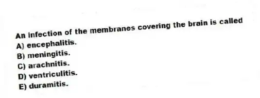 An infection of the membranes covering the brain is called
A) encephalitis.
B) meningitis.
C) arachnitis.
D) ventriculitis.
E) duramitis.