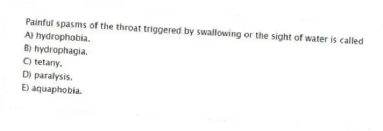 Painful spasms of the throat triggered by swallowing or the sight of water is called
A) hydrophobia.
B) hydrophagia.
C) tetany.
D) paralysis.
E) aquaphobia.