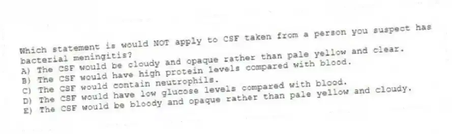 Which statement is would NOT apply to CSF taken from a person you suspect has bacterial meningitis?
A) The CSF would be cloudy and opaque rather than pale yellow and clear.
B) The CSF would have high protein levels compared with blood.
C) The CSF would contain neutrophils.
D) The CSF would have low glucose levels compared with blood.
E) The CSF would be bloody and opaque rather than pale yellow and cloudy.