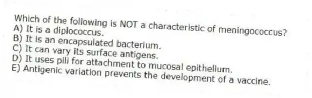 Which of the following is NOT a characteristic of meningococcus?
A) It is a diplococcus.
B) It is an encapsulated bacterium.
C) It can vary its surface antigens.
D) It uses pili for attachment to mucosal epithelium.
E) Antigenic variation prevents the development of a vaccine.