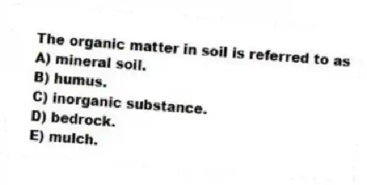 The organic matter in soil is referred to as
A) mineral soil.
B) humus.
C) inorganic substance.
D) bedrock.
E) mulch.