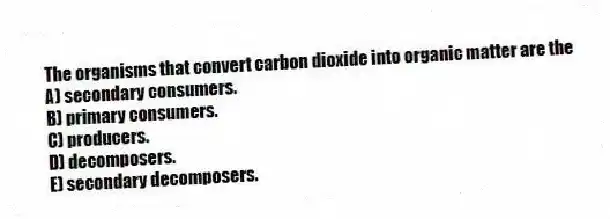 The organisms that convert carbon dioxide into organic matter are the
A) secondary consumers.
B) primary consumers.
C) producers.
D) decomposers.
E) secondary decomposers.