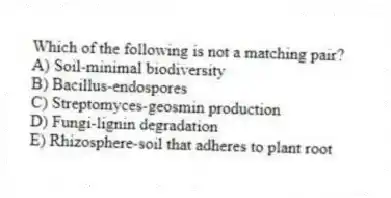 Which of the following is not a matching pair?
A) Soil-minimal biodiversity
B) Bacillus-endospores
C) Streptomyces-geosmin production
D) Fungi-lignin degradation
E) Rhizosphere-soil that adheres to plant root