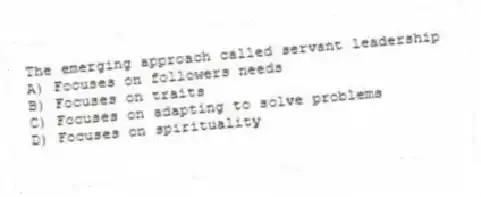 The emerging approach called servant leadership
A) Focuses on followers needs
B) Focuses on traits
C) Focuses on adapting to solve problems
D) Focuses on spirituality