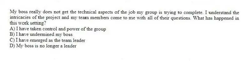 My boss really does not get the technical aspects of the job my group is trying to complete. I understand the intricacies of the project and my team members come to me with all of their questions. What has happened in this work setting?
A) I have taken control and power of the group
B) I have undermined my boss
C) I have emerged as the team leader
D) My boss is no longer a leader