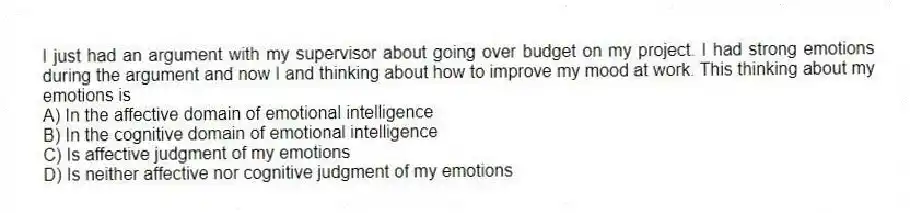 I just had an argument with my supervisor about going over budget on my project. I had strong emotions during the argument and now I and thinking about how to improve my mood at work. This thinking about my emotions is
A) In the affective domain of emotional intelligence
B) In the cognitive domain of emotional intelligence
C) Is affective judgment of my emotions
D) Is neither affective nor cognitive judgment of my emotions