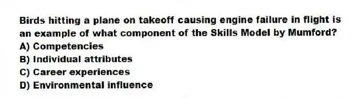 Birds hitting a plane on takeoff causing engine failure in flight is an example of what component of the Skills Model by Mumford?
A) Competencies
B) Individual attributes
C) Career experiences
D) Environmental influence