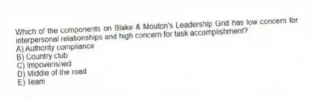 Which of the components on Blake & Mouton's Leadership Grid has low concern for interpersonal relationships and high concern for task accomplishment?
A) Authority compliance
B) Country club
C) Impoverished
D) Middle of the road
E) Team