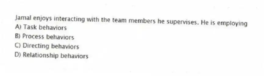 Jamal enjoys interacting with the team members he supervises. He is employing
A) Task behaviors
B) Process behaviors
C) Directing behaviors
D) Relationship behaviors