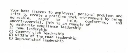 Your boss listens to employees' personal problems and tries to create a positive work environment by being agreeable, eager to help, comforting, and uncontroversial. This is an example of
A) Authority compliance leadership
B) Team leadership
C) Country club leadership
D) Middle of the road leadership
E) Impoverished leadership