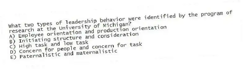 What two types of leadership behavior were identified by the program of research at the University of Michigan?
A) Employee orientation and production orientation
B) Initiating structure and consideration
C) High task and low task
D) Concern for people and concern for task
E) Paternalistic and maternalistic
