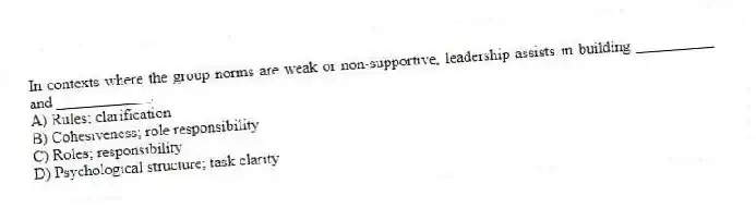 In contexts where the group norms are weak or non-supportive, leadership assists in building __________ and ____________.
A) Rules; clarification
B) Cohesiveness; role responsibility
C) Roles; responsibility
D) Psychological structure; task clarity