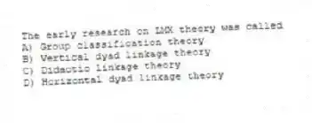 The early research on LMX theory was called
A) Group classification theory
B) Vertical dyad linkage theory
C) Didactic linkage theory
D) Horizontal dyad linkage theory
