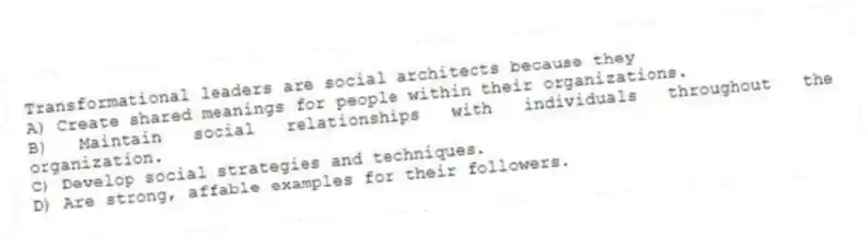 Transformational leaders are social architects because they
A) Create shared meanings for people within their organizations.
B) Maintain social relationships with individuals throughout the organization.
C) Develop social strategies and techniques.
D) Are strong, affable examples for their followers.