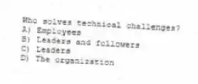 Who solves technical challenges?
A) Employees
B) Leaders and followers
C) Leaders
D) The organization