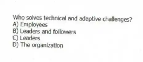Who solves technical and adaptive challenges?
A) Employees
B) Leaders and followers
C) Leaders
D) The organization