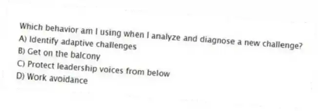 Which behavior am I using when I analyze and diagnose a new challenge?
A) Identify adaptive challenges
B) Get on the balcony
C) Protect leadership voices from below
D) Work avoidance