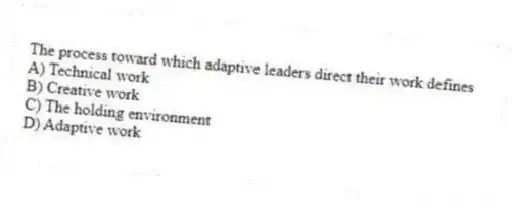 The process toward which adaptive leaders direct their work defines
A) Technical work
B) Creative work
C) The holding environment
D) Adaptive work