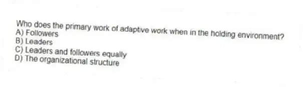 Who does the primary work of adaptive work when in the holding environment?
A) Followers
B) Leaders
C) Leaders and followers equally
D) The organizational structure