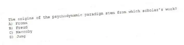 The origins of the psychodynamic paradigm stem from which scholar's work?
A) Fromm
B) Freud
C) Maccoby
D) Jung