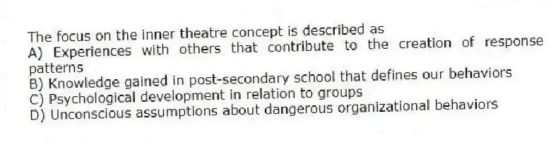 The focus on the inner theatre concept is described as
A) Experiences with others that contribute to the creation of response patterns
B) Knowledge gained in post-secondary school that defines our behaviors
C) Psychological development in relation to groups
D) Unconscious assumptions about dangerous organizational behaviors