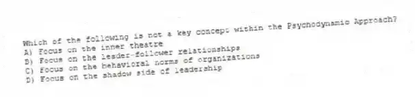 Which of the following is not a key concept within the Psychodynamic Approach?
A) Focus on the inner theatre
B) Focus on the leader-follower relationships
C) Focus on the behavioral norms of organizations
D) Focus on the shadow side of leadership