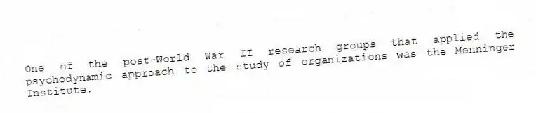 One of the post-World War II research groups that applied the psychodynamic approach to the study of organizations was the Menninger Institute.