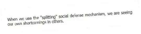 When we use the "splitting" social defense mechanism, we are seeing our own shortcomings in others.