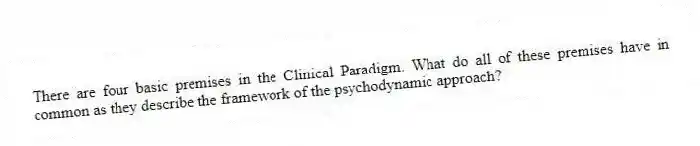 There are four basic premises in the Clinical Paradigm. What do all of these premises have in common as they describe the framework of the psychodynamic approach?