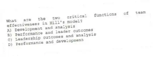 What are the two critical functions of team effectiveness in Hill's model?
A) Development and analysis
B) Performance and leader outcomes
C) Leadership outcomes and analysis
D) Performance and development