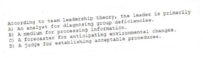 According to team leadership theory, the leader is primarily
A) An analyst for diagnosing group deficiencies.
B) A medium for processing information.
C) A forecaster for anticipating environmental changes.
D) A judge for establishing acceptable procedures.