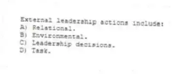 External leadership actions include:
A) Relational.
B) Environmental.
C) Leadership decisions.
D) Task.