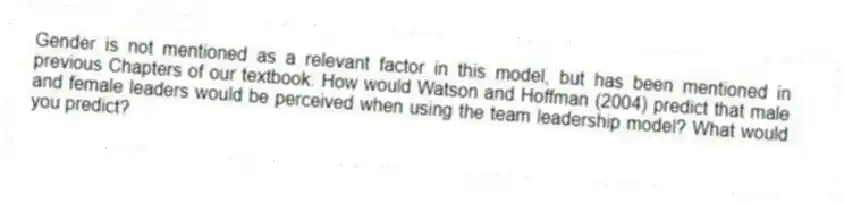 Gender is not mentioned as a relevant factor in this model, but has been mentioned in previous Chapters of our textbook. How would Watson and Hoffman (2004) predict that male and female leaders would be perceived when using the team leadership model? What would you predict?
