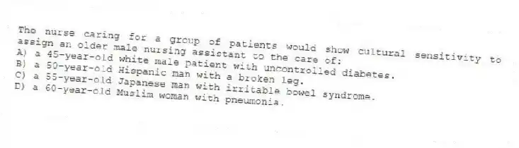 The nurse caring for a group of patients would show cultural sensitivity to assign an older male nursing assistant to the care of:
A) a 45-year-old white male patient with uncontrolled diabetes.
B) a 50-year-old Hispanic man with a broken leg.
C) a 55-year-old Japanese man with irritable bowel syndrome.
D) a 60-year-old Muslim woman with pneumonia.