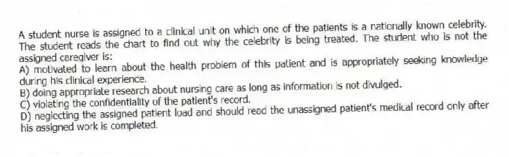 A student nurse is assigned to a clinical unit on which one of the patients is a nationally known celebrity. The student reads the chart to find out why the celebrity is being treated. The student who is not the assigned caregiver is:
A) motivated to learn about the health problem of this patient and is appropriately seeking knowledge during his clinical experience.
B) doing appropriate research about nursing care as long as information is not divulged.
C) violating the confidentiality of the patient's record.
D) neglecting the assigned patient load and should read the unassigned patient's medical record only after his assigned work is completed.