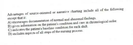 Advantages of source-oriented or narrative charting include all of the following except that it:
A) encourages documentation of normal and abnormal findings.
B) gives information on the patient's condition and care in chronological order.
C) indicates the patient's baseline condition for each shift.
D) includes aspects of all steps of the nursing process.