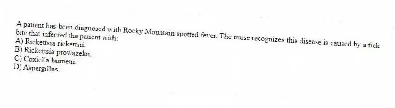 A patient has been diagnosed with Rocky Mountain spotted fever. The nurse recognizes this disease is caused by a tick bite that infected the patient with:
A) Rickettsia rickettsii.
B) Rickettsia prowazekii.
C) Coxiella burnetii.
D) Aspergillus.