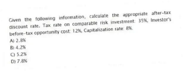 Given the following information, calculate the appropriate after-tax discount rate. Tax rate on comparable risk investment: 35%, Investor's before-tax opportunity cost: 12%, Capitalization rate: 8%.
A) 2.8%
B) 4.2%
C) 5.2%
D) 7.8%