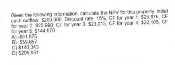 Given the following information, calculate the NPV for this property. Initial cash outflow: $200,000, Discount rate: 15%, CF for year 1: $25,876, CF for year 2: $23,998, CF for year 3: $23,013, CF for year 4: $22,105, CF for year 5: $144,670.
A) -$51,875
B) -$59,657
C) $140,343
D) $295,951